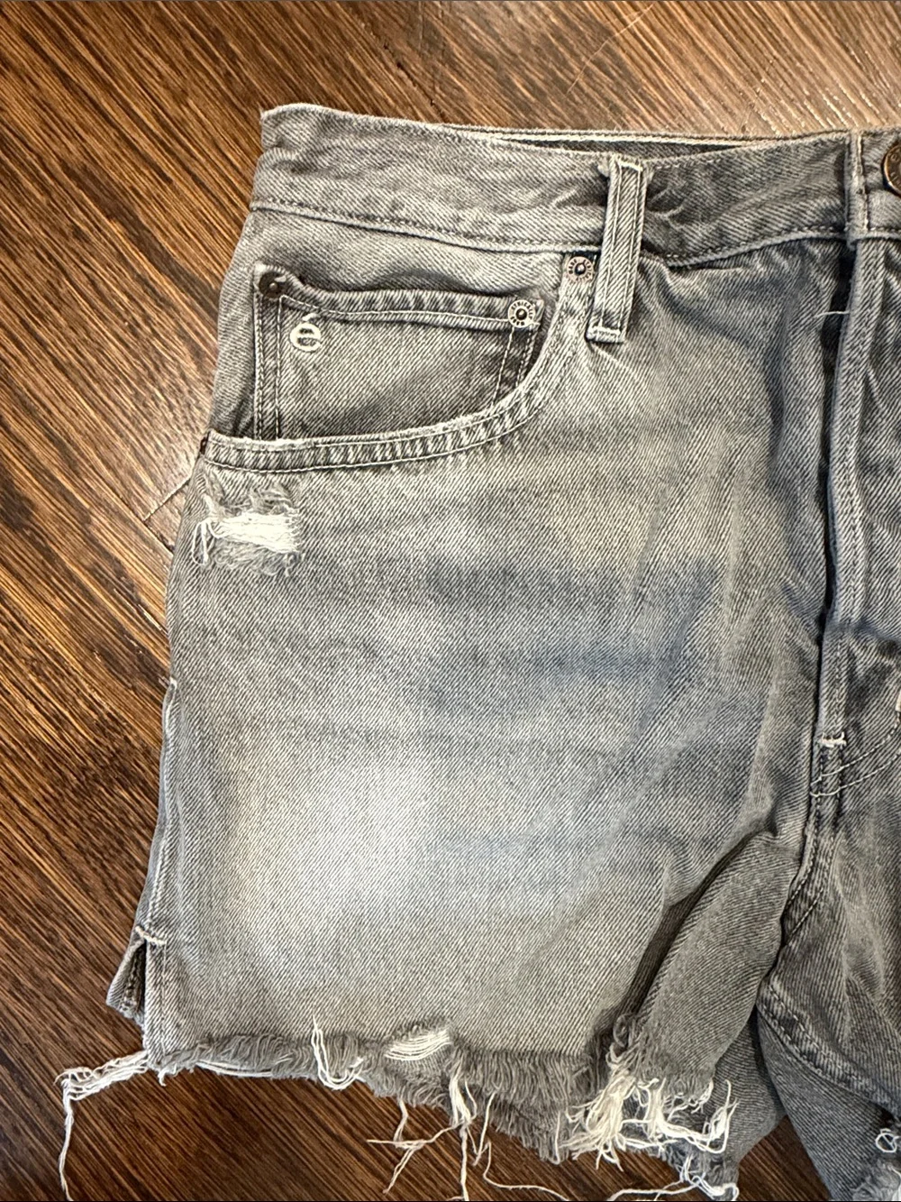 Etica Haven Slouch Short in Faded Grey with Raw Hem and Button Fly